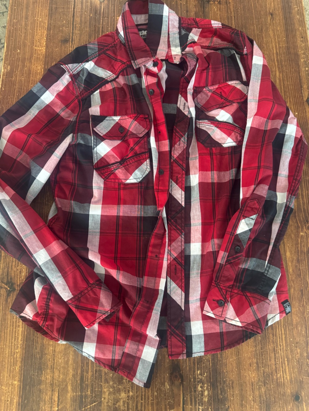 Machine Red Black White Plaid Button-Down Shirt